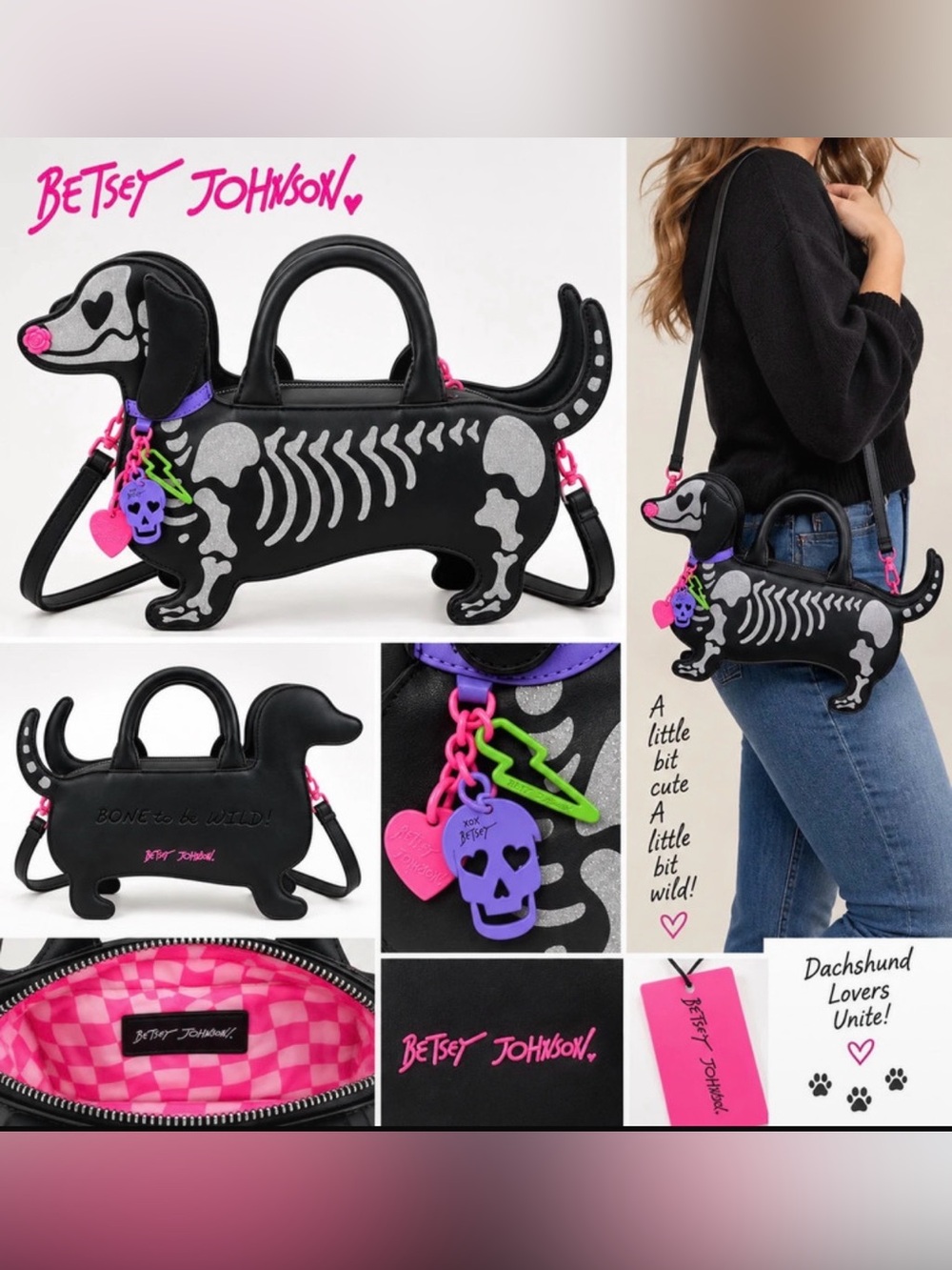 Betsey Johnson Black Dachshund Skeleton Weenie Bag NEW